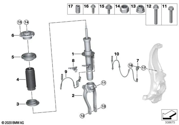 Amortiguador delantero derecho para BMW Serie 5 G30, G30N (OEM 37106866406). Original BMW.