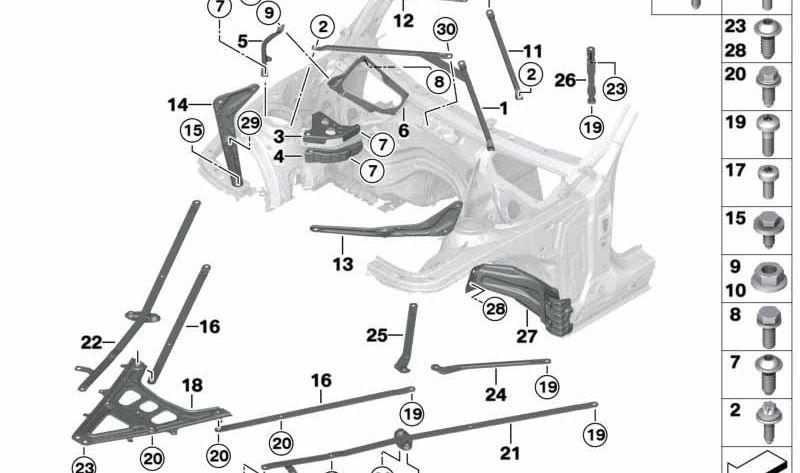 Barra de soporte delantera derecha OEM 51717365212 para BMW F22, F23, F87, F30, F31, F34, F80, F32, F36, F82, F83. Original BMW.