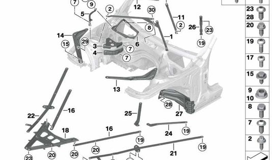 Front Right Strut Bar OEM 51717365212 for BMW F22, F23, F87, F30, F31, F34, F80, F32, F36, F82, F83. Original BMW.