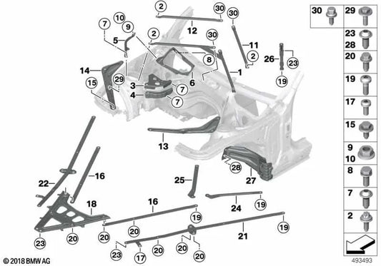 Right bulkhead reinforcement for BMW 2 Series F22, F22N, 3 Series F30, F31, F34 (OEM 41007385818). Original BMW.