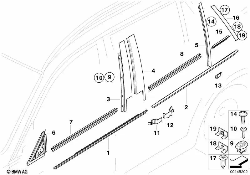 Cubierta de canal exterior puerta delantera derecha para BMW E90, E90N, E91, E91N (OEM 51337119982). Original BMW