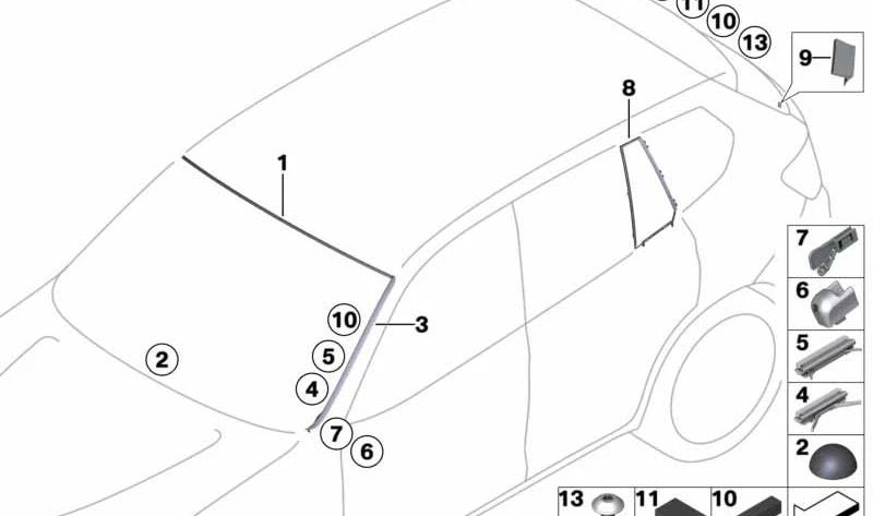 Marco para cristal lateral fijo izquierdo OEM 51357205603 para BMW F25 (X3). Original BMW