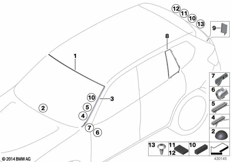 Fijación ventanilla lateral fija derecha para BMW X3 F25 (OEM 51357205604). Original BMW.