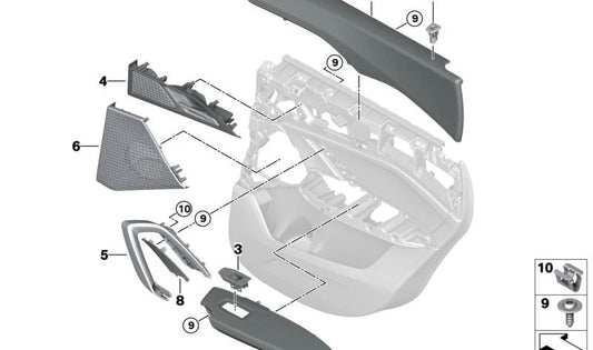 Marco embellecedor para botón de cierre trasero derecho OEM 51429423248 para BMW (Modelos compatibles: Serie 1 F20, Serie 2 F22, Serie 3 F30, Serie 4 F32). Original BMW.