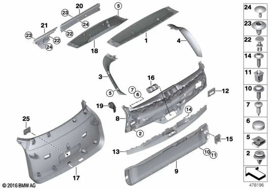 Tailgate upper trim for BMW F16, F86 (OEM 51497370400). Genuine BMW