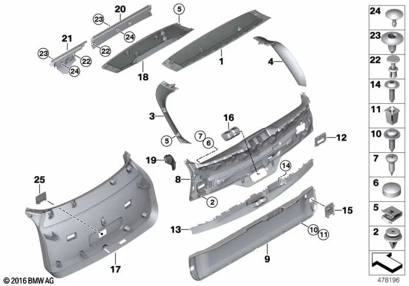 Revestimiento del portón trasero derecho para BMW X6 F16, F86 (OEM 51497370406). Original BMW