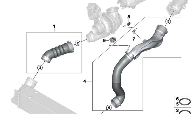 Tubería de aire del turbo (intercooler) OEM 11617800143 para BMW E90, E91, E92. Original BMW.