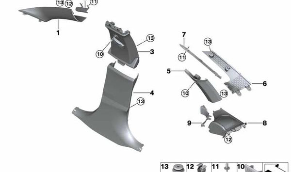 Cubierta pilar A derecha para BMW F32, F36, F82 (OEM 51437321386). Original BMW.