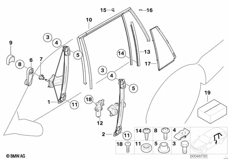 Rechte Fensterführungsabdeckung für BMW 3er E46 (OEM 51347890698). Original BMW