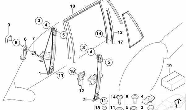 Guía del cristal derecha OEM 51348212178 para BMW Serie 3 E46. Original BMW.