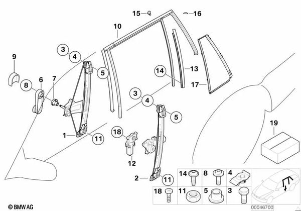 Cubierta de la guía de la ventana derecha para BMW Serie 3 E46 (OEM 51347890698). Original BMW