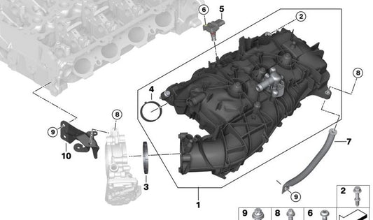 Soporte del colector de admisión OEM 11618671420 para BMW (Modelos compatibles: G42, G20, G21, G28, G22, G23, G26, G30, G31, G38, G32, G11, G12, G01, G08, G02, G05, G06, G29). Original BMW.