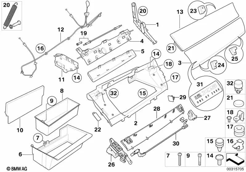 Glove box kinematics for BMW X5 E70, E70N, X6 E71, E72 (OEM 51169225134). Genuine BMW