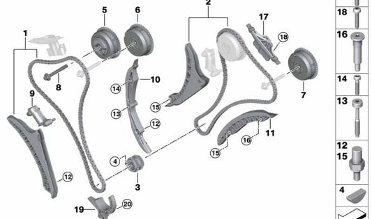 Chaîne de distribution avec voie de tension pour BMW F01, F02, G12 (OEM 11318661671). BMW d'origine