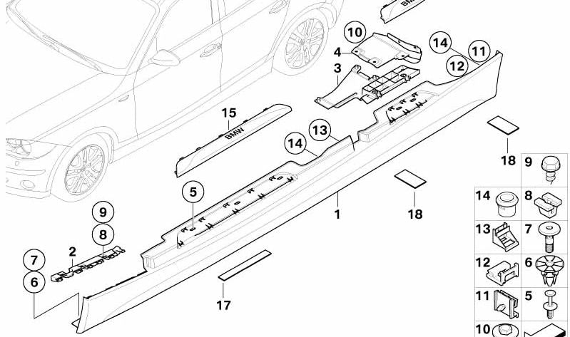 Listón lateral izquierdo para BMW E87, E87N (OEM 51777837435). Original BMW