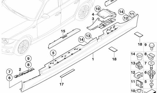 Listón lateral izquierdo para BMW E87, E87N (OEM 51777837435). Original BMW