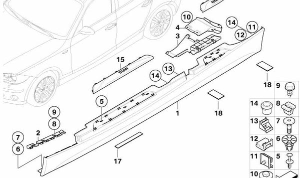 Listón lateral izquierdo para BMW E87, E87N (OEM 51777837435). Original BMW