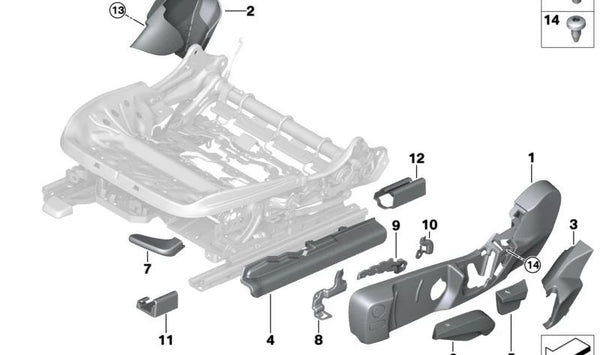 Cubierta embellecedora exterior izquierda del asiento OEM 52109466607 para BMW G42, G87, G22. Original BMW.