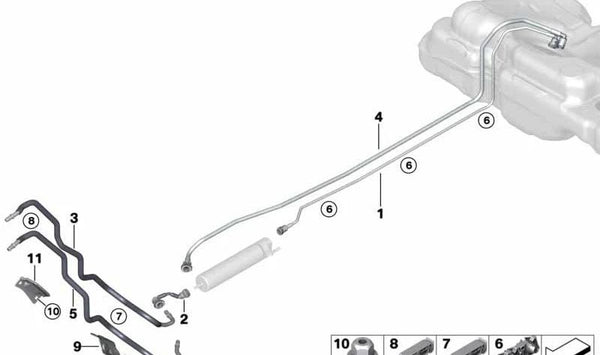 Tubería de retorno de combustible OEM 16117314246 para BMW F46. Original BMW.