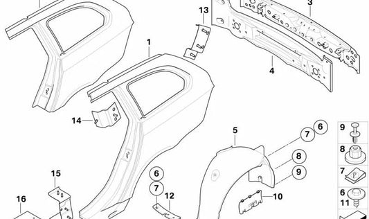 Cubierta del paso de rueda trasero derecho para BMW Serie 5 E61, E61N (OEM 51717061246). Original BMW