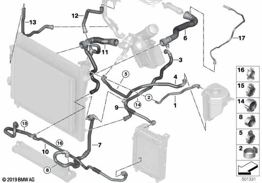 Manguera de refrigerante para BMW E70N, F15, E71, F16 (OEM 17128578987). Original BMW