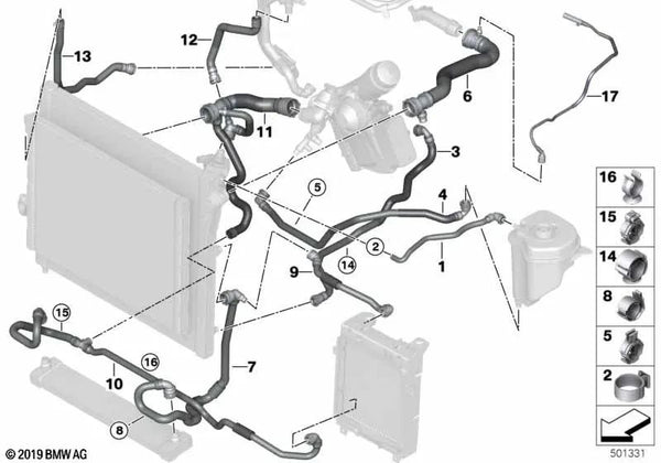 Manguera de refrigerante para BMW F15, F16 (OEM 17128570663). Original BMW.