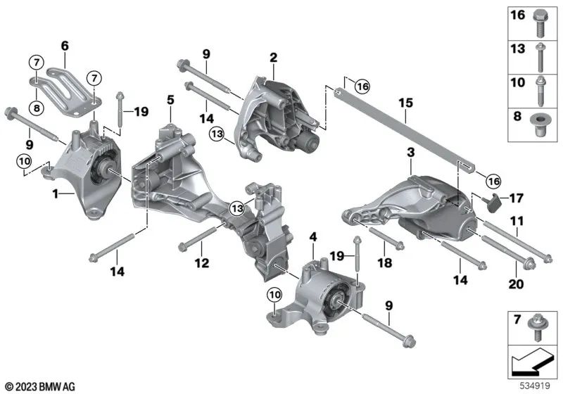 Left engine mount for BMW G60, G70 (OEM 22118849089). Original BMW