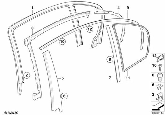 Cubierta del marco de la ventana puerta trasera izquierda para BMW E60, E60N (OEM 51357067949). Original BMW