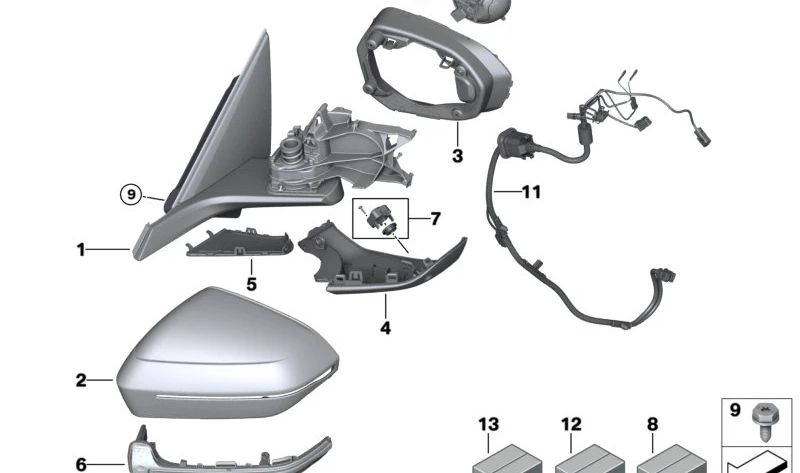 Exterior rearview mirror without mounting components right for BMW 5 Series G60 (OEM 51165A841A2). Original BMW