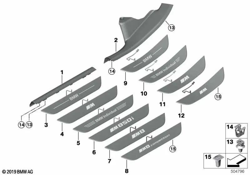 Cubierta de entrada iluminada delantera derecha para BMW Serie 8 F93 (OEM 51478098368). Original BMW.