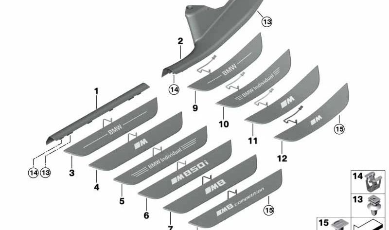 Embellecedor de entrada iluminado izquierdo para BMW Serie 8 G16 (OEM 51478077337). Original BMW.