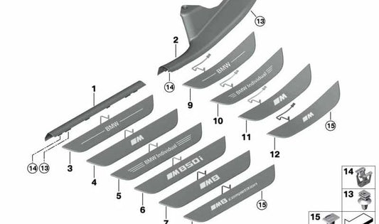 Embellecedor de entrada iluminado izquierdo para BMW Serie 8 G16 (OEM 51478077337). Original BMW.