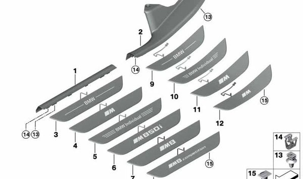 Embellecedor de entrada iluminado izquierdo OEM 51478077341 para BMW Serie 8 Gran Coupé (G16). Original BMW