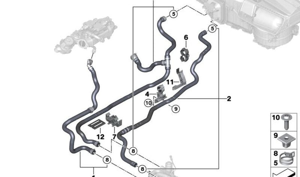 Manguera de refrigerante delantera OEM 64217938806 para BMW G30, G31, G32, G11, G12, G14, G15, G16. Original BMW.