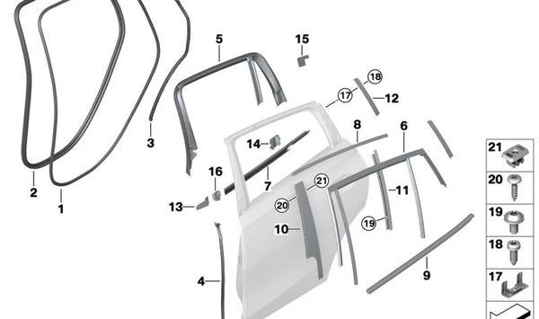 Cubierta del montante de guía de la ventana trasera izquierda para BMW F96, G06 (OEM 51357446213). Original BMW