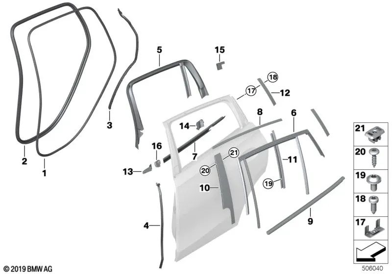 Right rear window guide molding for BMW X6 G06 (OEM 51357437792). Genuine BMW