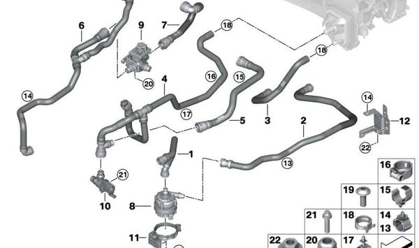 Manguera de refrigerante de flujo 1 para BMW Serie 5 G60, G61, G68, Serie 7 G70 (OEM 64219872140). Original BMW