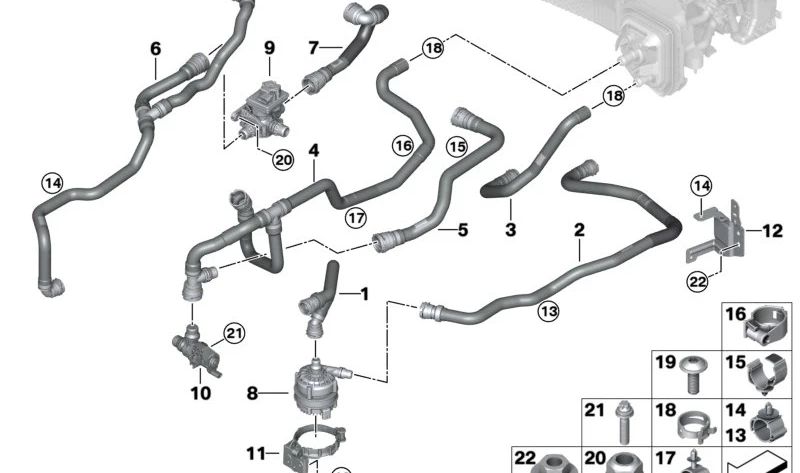 OEM hose support 64216930041 for BMW E81, E82, E87, E88, F20, F21, F22, F23, E90, E91, E92, E93, F30, F31, F34, F35, F32, F33, F36, G60, G61, G61, G61, G68, G70, E84, G07, E89. Original BMW.