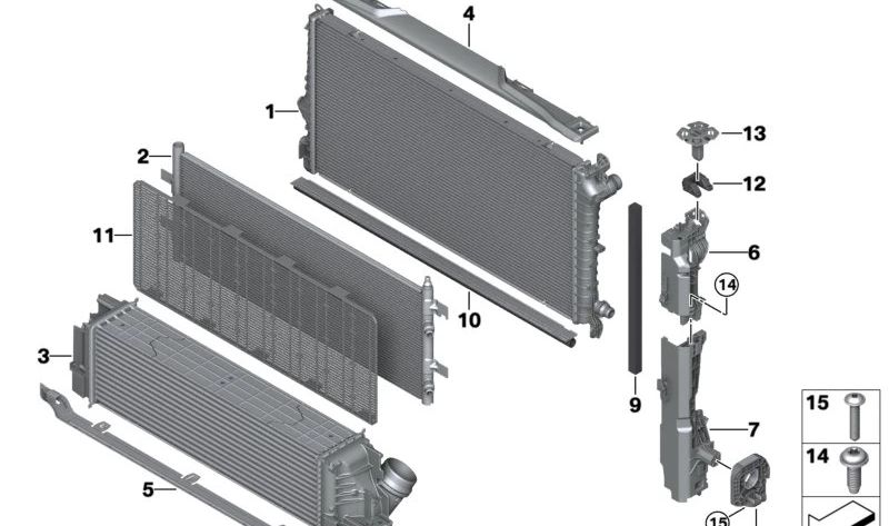 Modulo di raffreddamento superiore OEM 17115A0E501 per BMW U06. BMW originale.