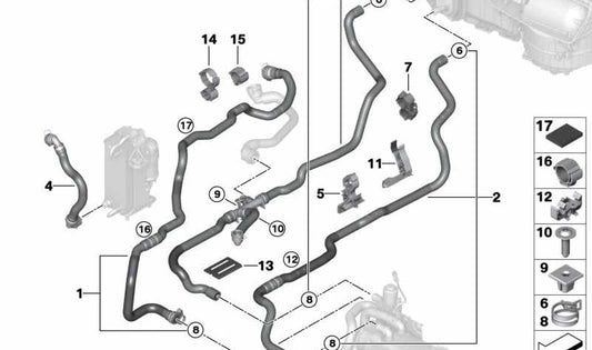 Manguera de refrigerante de avance OEM 64216821257 para BMW G30, G31, G32, G11, G12. Original BMW.