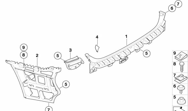 Guía del parachoques lateral derecho para BMW Serie 3 E90 (OEM 51127058520). Original BMW.