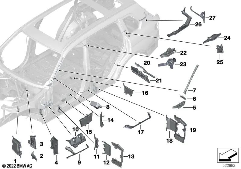 Oberes linkes A-Säulenteil für BMW X7 G07, G07N (OEM 41007470929). Original BMW.