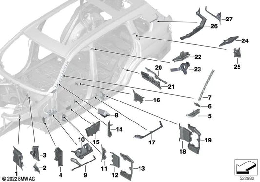 Upper left outer A-pillar part for BMW F95, G05, G18, G07 (OEM 41007499711). Original BMW