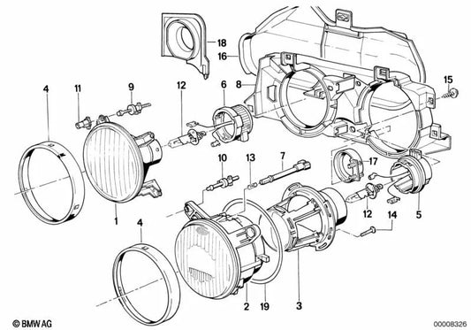 Inserto de luz de carretera izquierdo para BMW E24 (OEM 63121385745). Original BMW