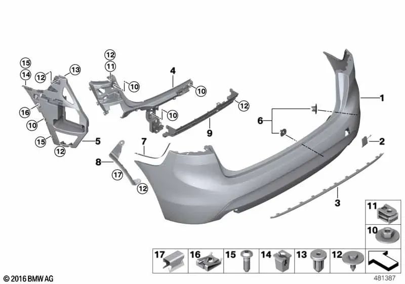 Carcasa de parachoques trasero imprimada para BMW F45 (OEM 51122574885). Original BMW.