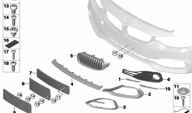 Rejilla delantera izquierda parcialmente abierta OEM 51117294831 para BMW Serie 4 (F32, F33, F36). Original BMW.