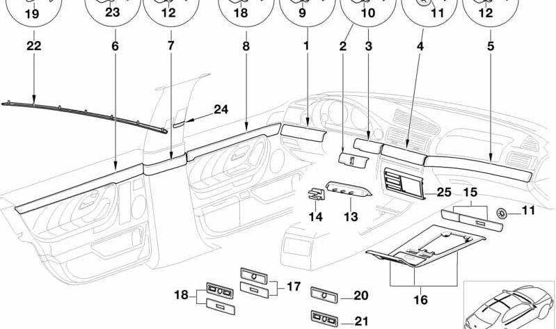 Wooden molding left front door OEM 51418150167 for BMW E38. Original BMW.