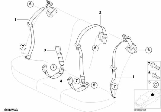 Unterer Riemen hinten links für BMW 3er E46 (OEM 72117000403). Original BMW.