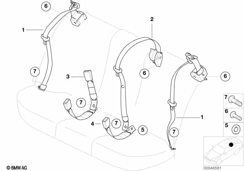 Rear centre upper belt for BMW E46 (OEM 72118201026). Original BMW.