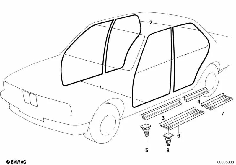 Moldura del umbral de entrada trasera derecha para BMW E32 (OEM 51471951394). Original BMW.